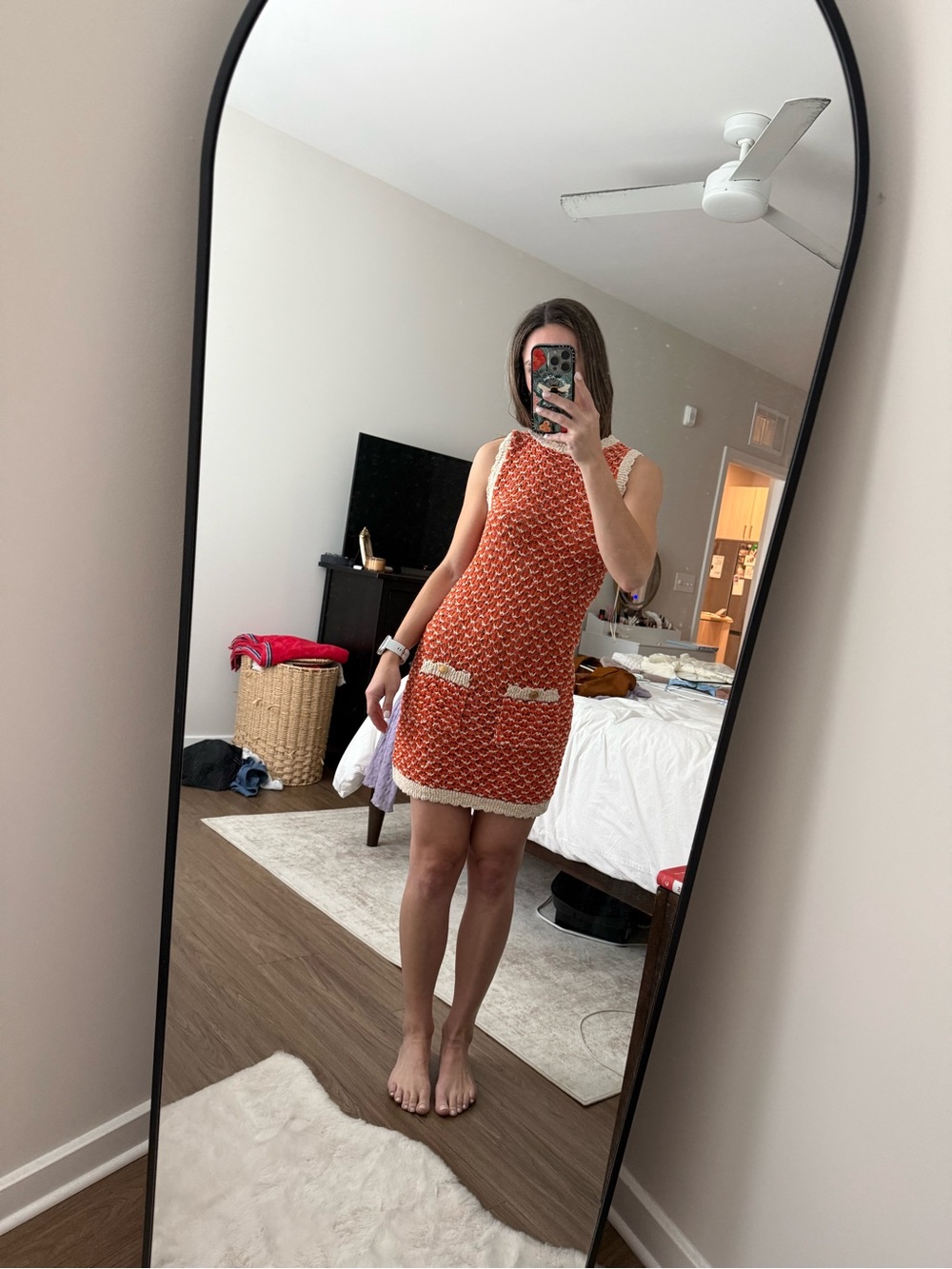 Zara Orange Crochet Mini Dress with Cream Trim